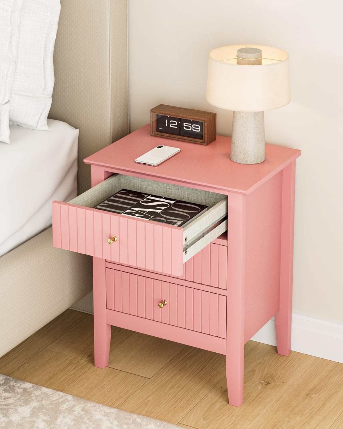 Modern Pink Bedside Table with 3 Drawers Wooden Nightstand Bedroom Storage