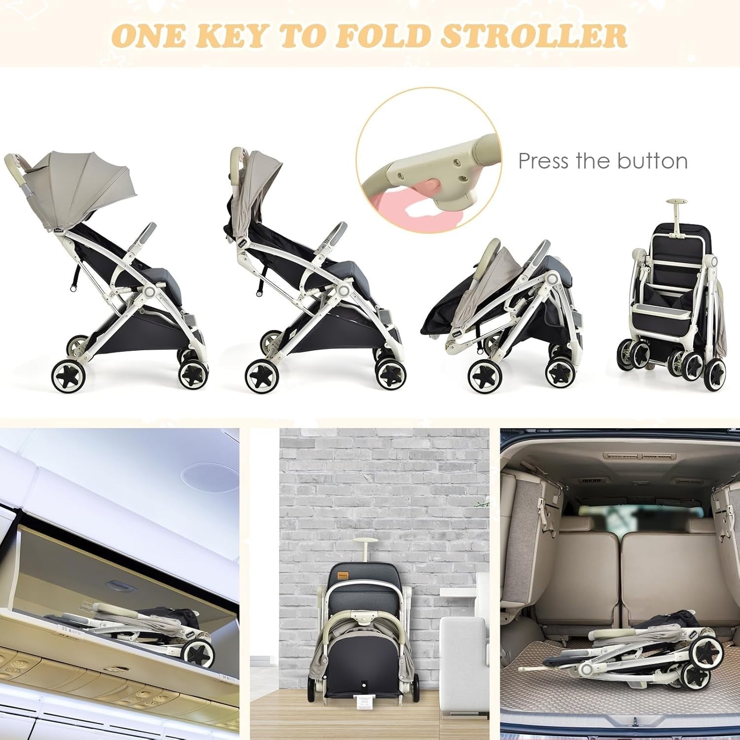Lightweight Baby Stroller One Hand Fold Travel Buggy 5 Point Harness