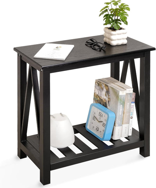 Black Narrow Side Table with Storage Shelf, Modern Compact Nightstand