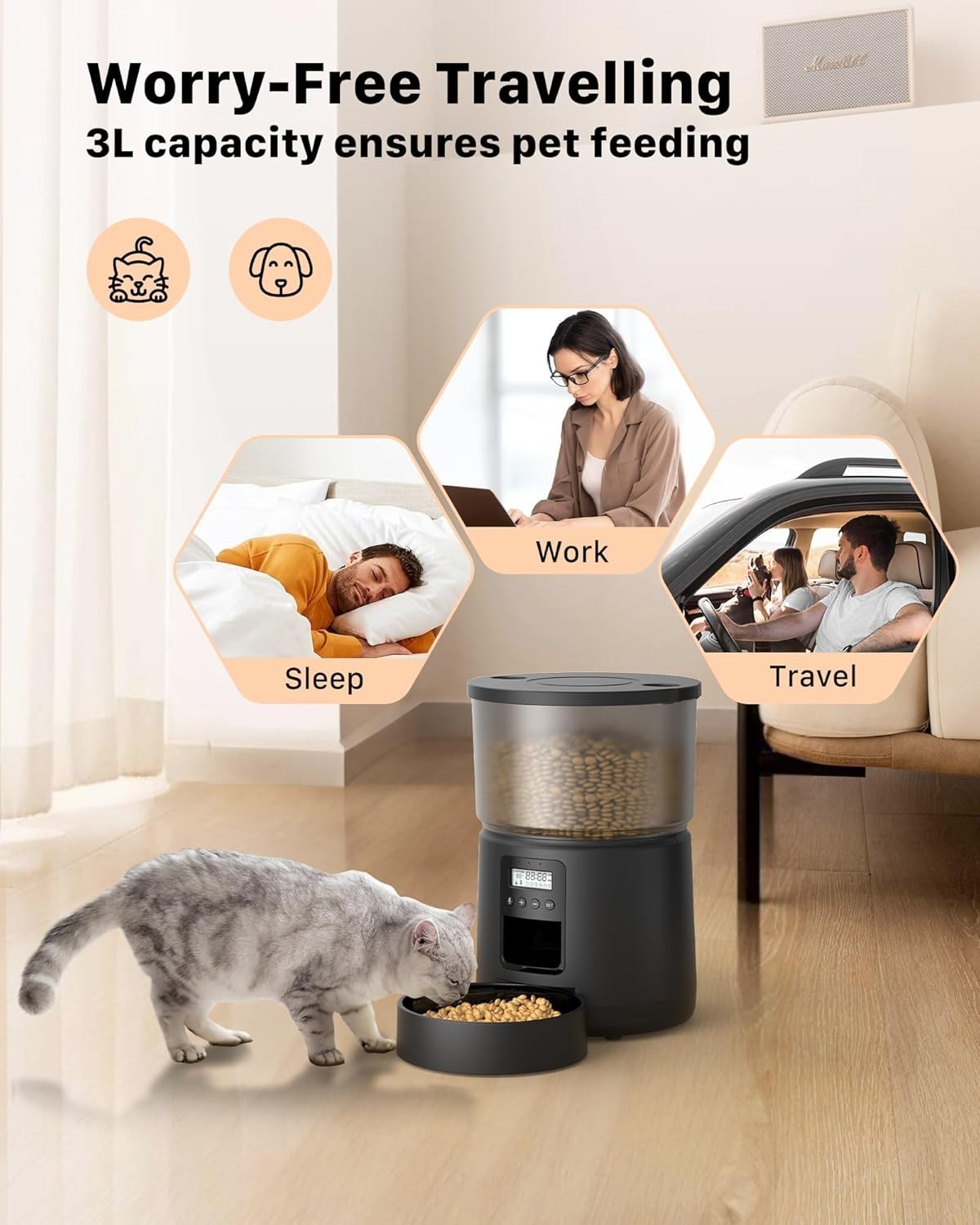 Automatic Cat Feeder Timer 3L Food Dispenser 6 Meal Voice Recorder