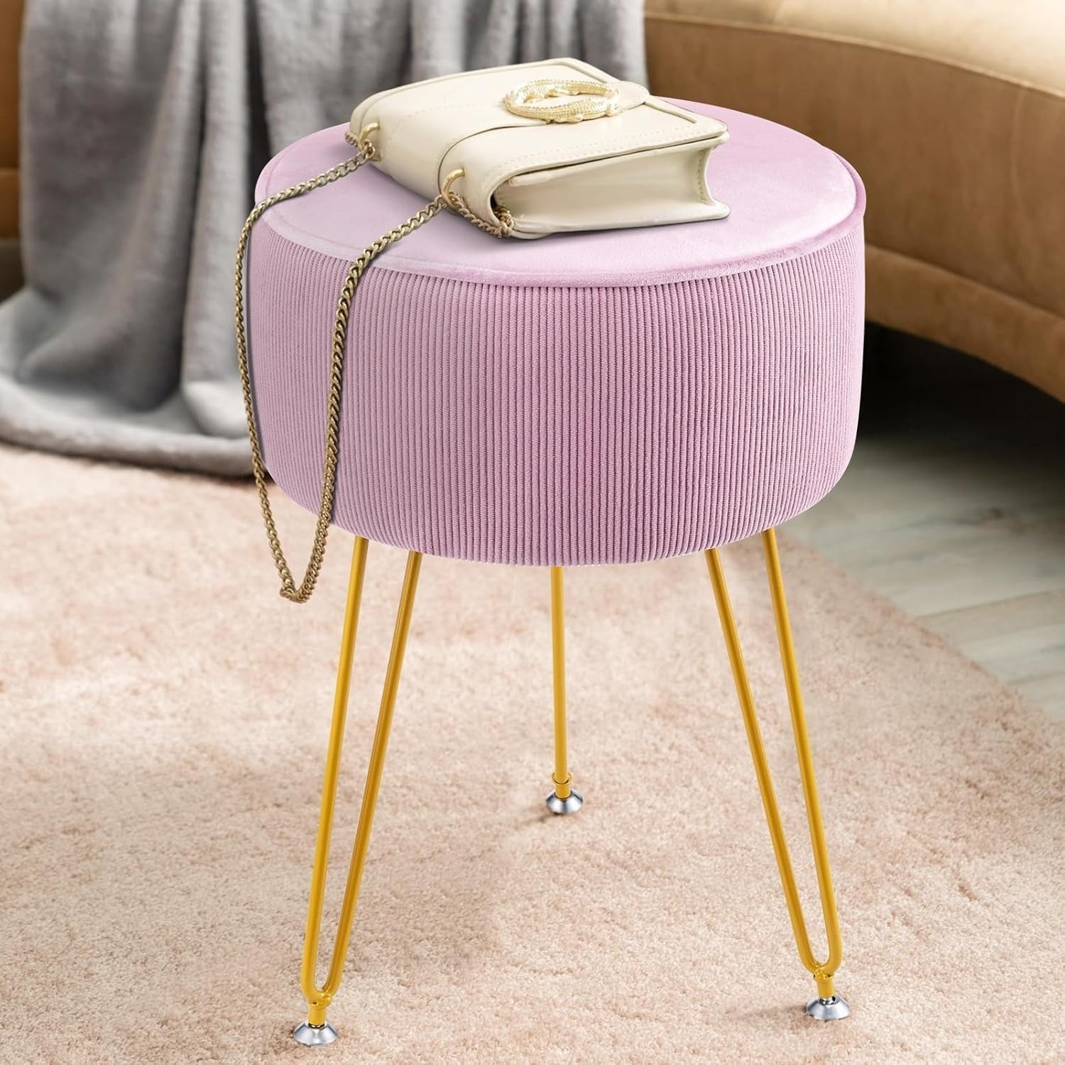 Pink Round Vanity Stool with Padded Seat & Gold Metal Legs – 30x30x43cm