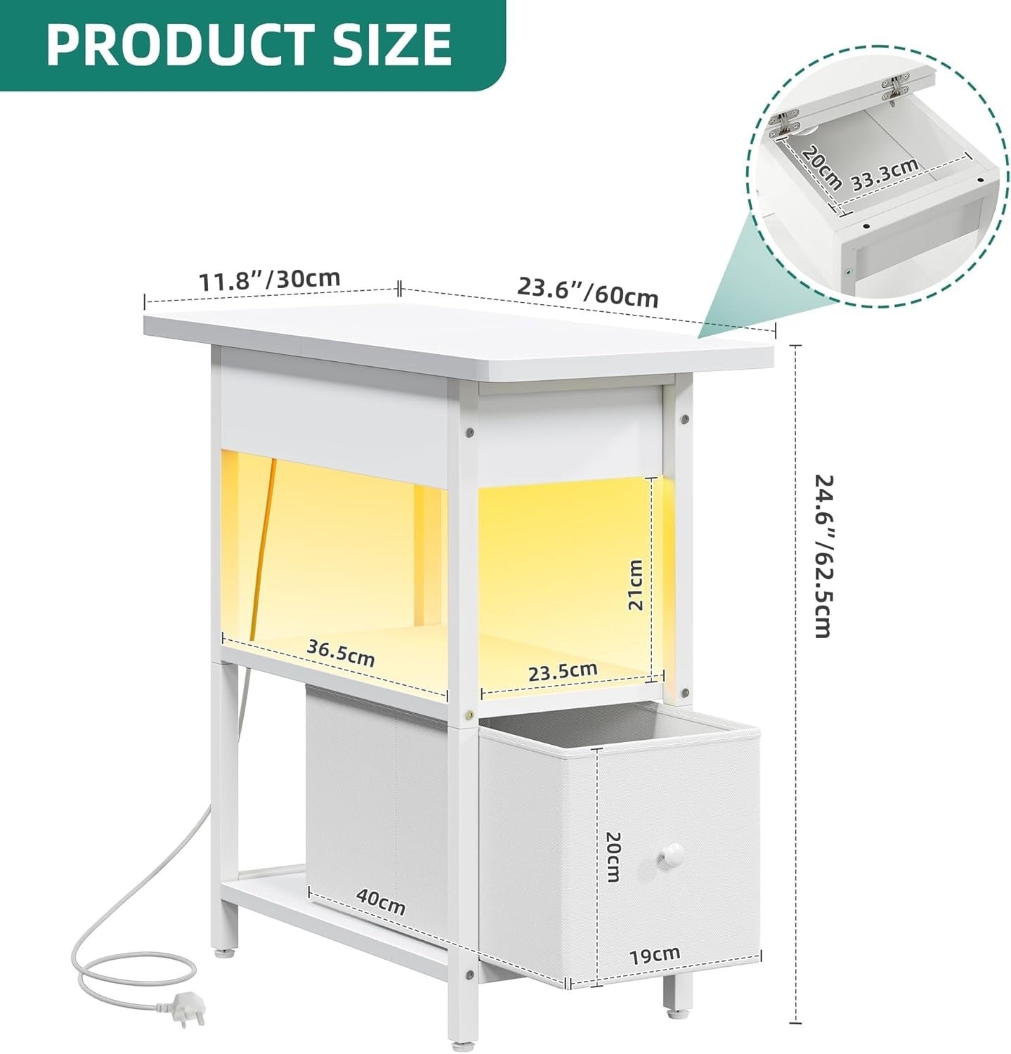 Set of 2 Smart LED Bedside Tables with USB Charging | Slim White Nightstands