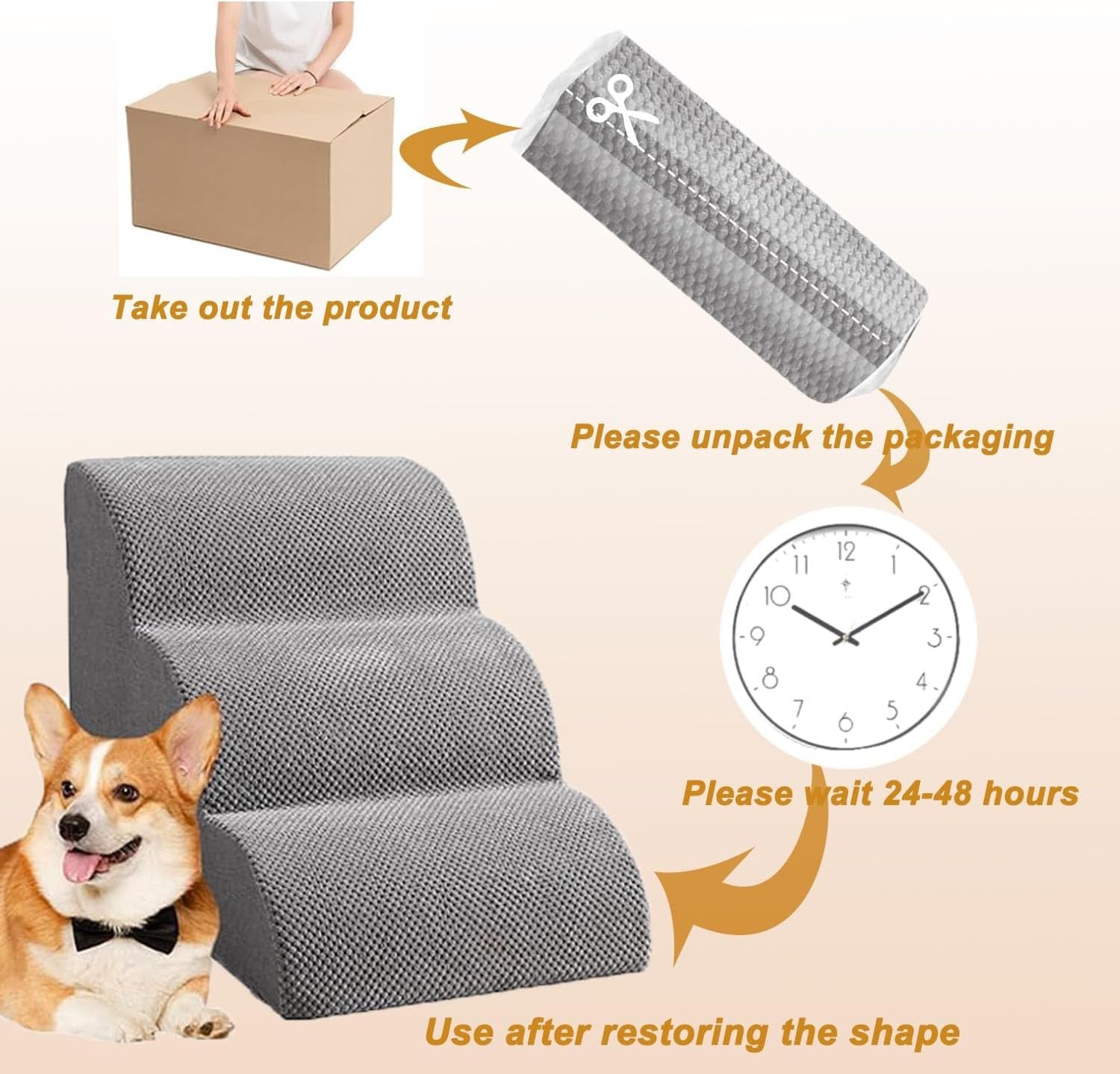 3 Step Dog Stairs for Bed Non Slip Pet Ramp 56x40x35cm