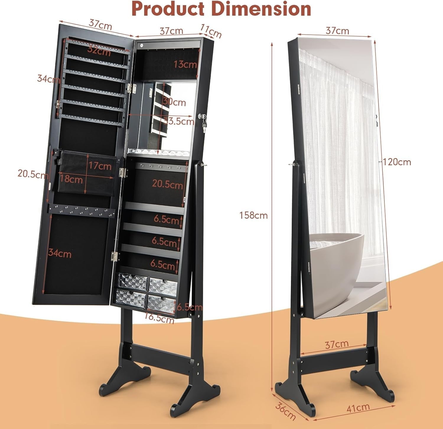Lockable Standing Jewelry Armoire Mirror LED Lights Adjustable Angle Storage