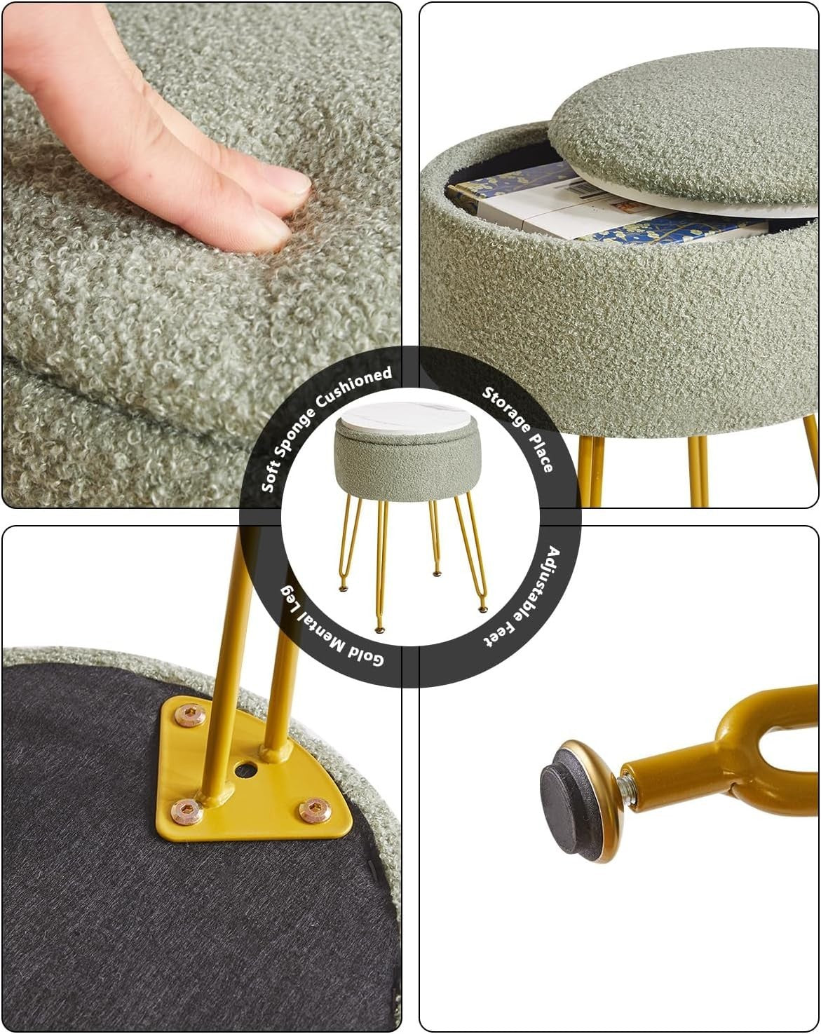 Light Green Teddy Velvet Storage Footrest Stool – Golden Leg Vanity Ottoman