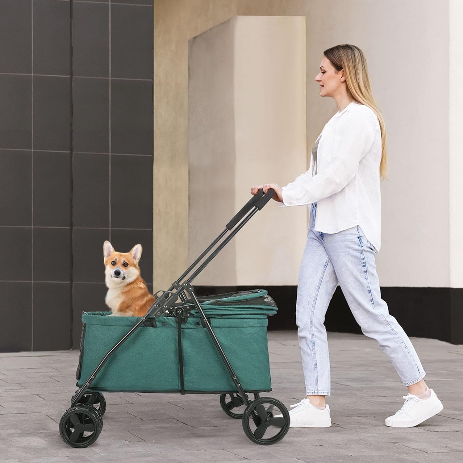 Dark Green Dog Stroller 4 Wheel Heavy Duty Foldable Jogger Pram Small Medium