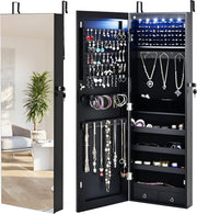 Black LED Jewelry Armoire Wall or Door Mounted Lockable Mirror Storage