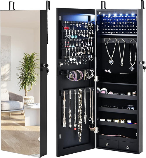 Black LED Jewelry Armoire Wall or Door Mounted Lockable Mirror Storage