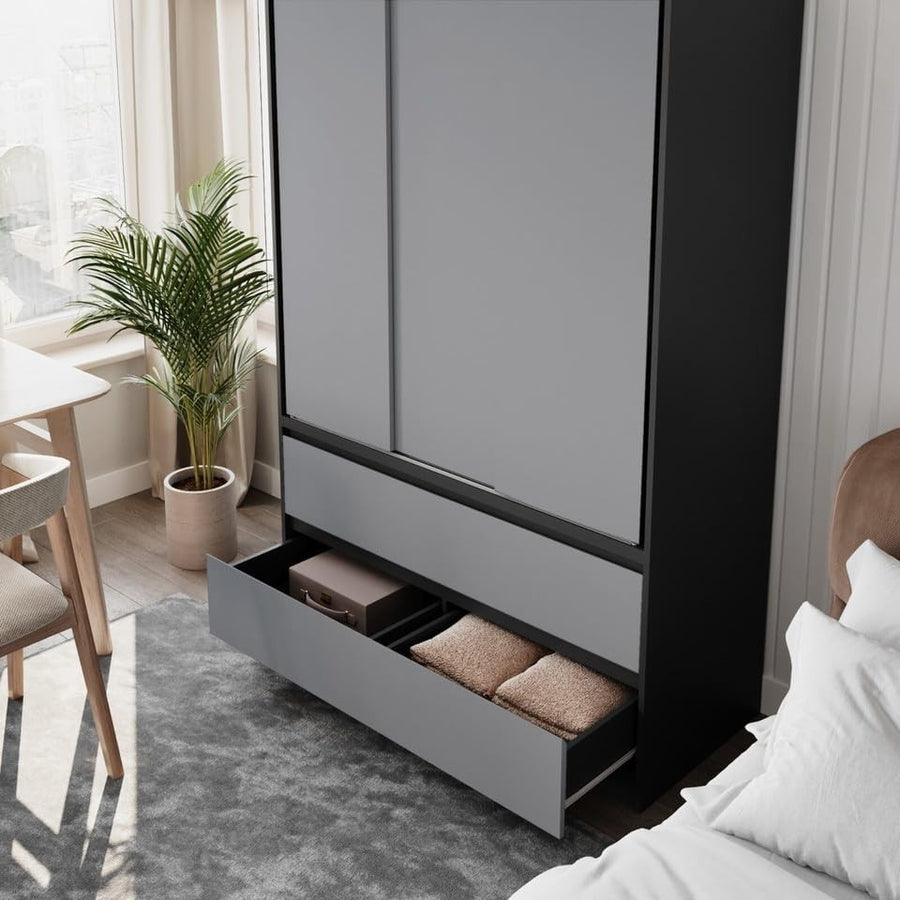 Grey Sliding Door Wardrobe with 4 Drawers & Hanging Rail - Space Saving