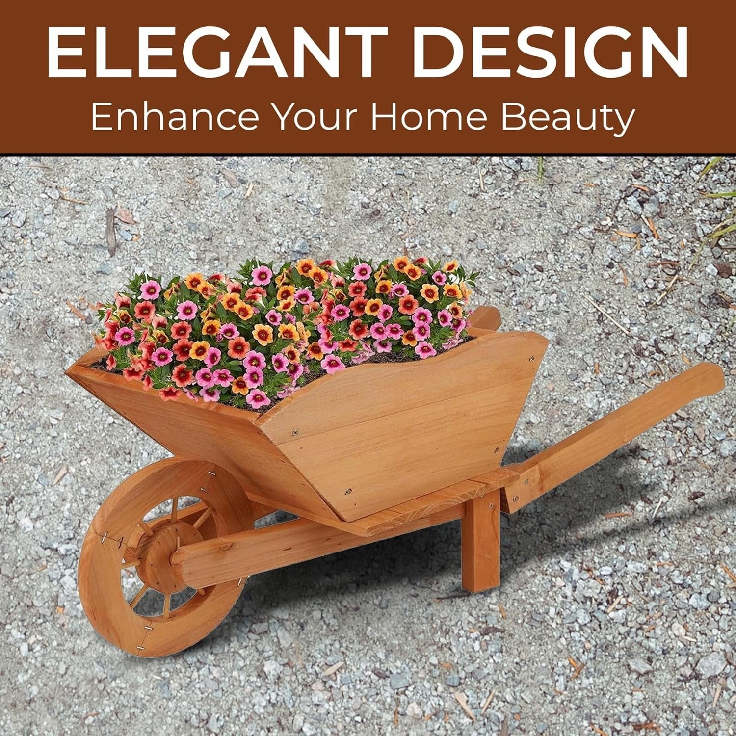 Large Wooden Garden Wheelbarrow Planter – Rustic Brown Design w/ Handles & Wheel