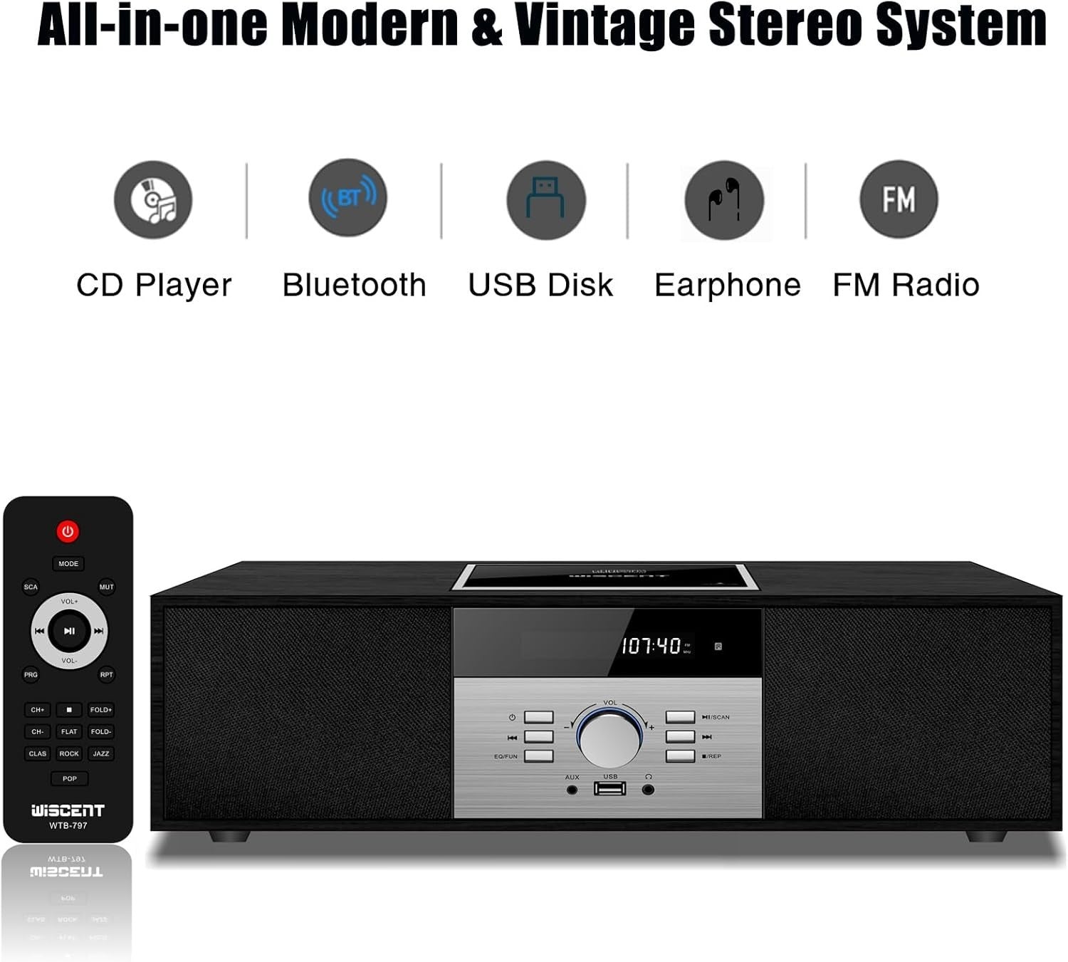 Retro Bluetooth CD Stereo System with USB, FM Radio, Wooden HiFi Speakers