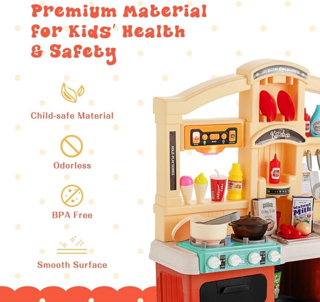 Kids Kitchen Playset w/ 69PCS Lights Sounds Steam Orange Toy