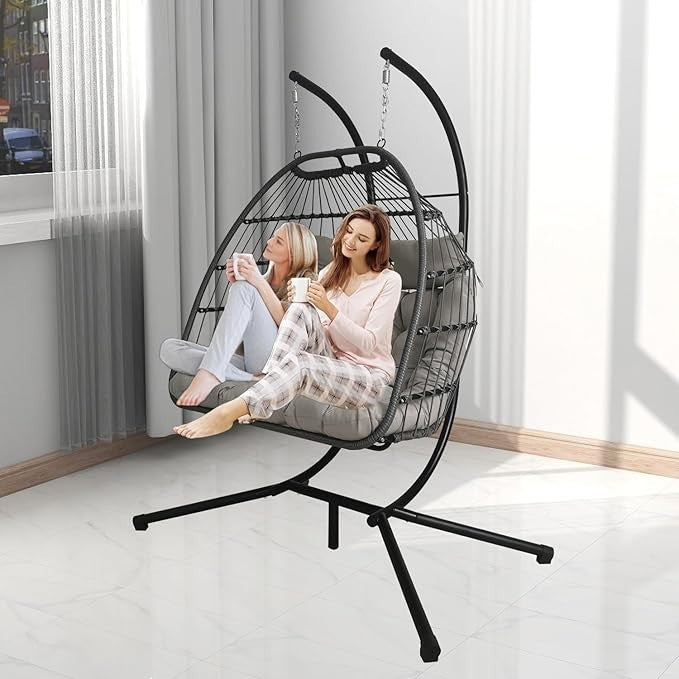 Double Egg Chair Rattan Hanging Swing w/ Stand & Cushions Indoor Outdoor 240kg