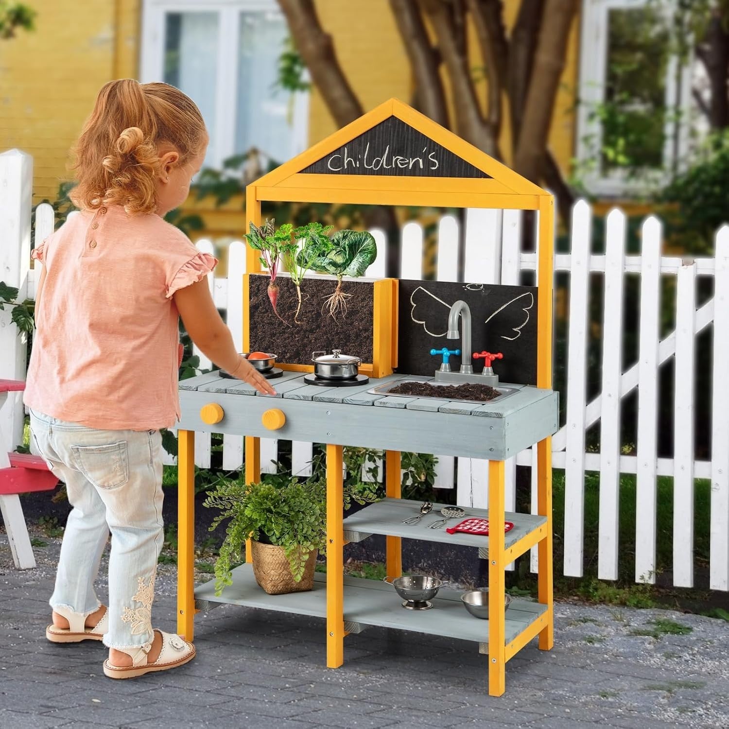 Outdoor Mud Kitchen Kids Playset w/ Planter Sink Chalkboard Toys