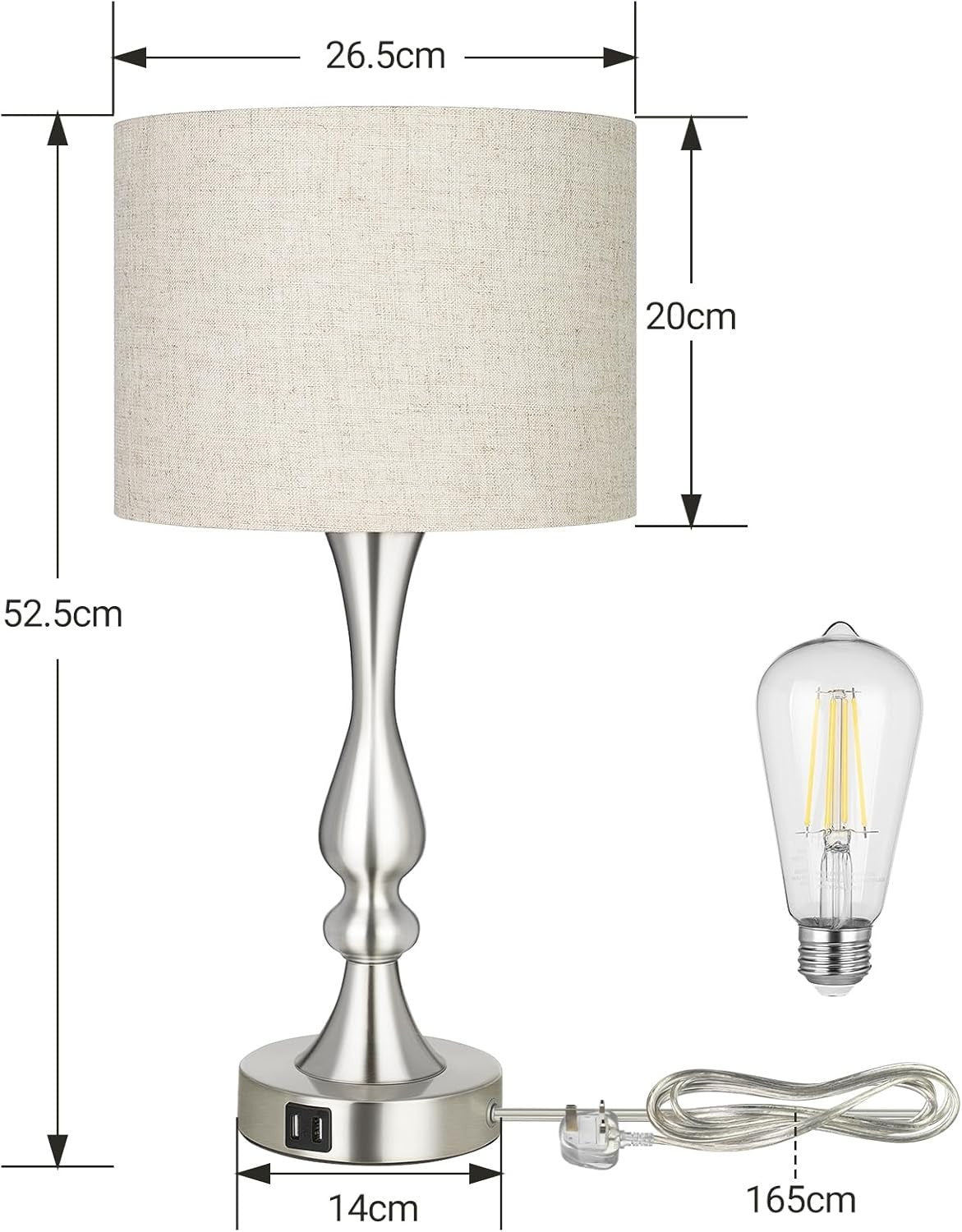 Dimmable Touch Table Lamps Set of 2 USB Charging Beige Linen Shade