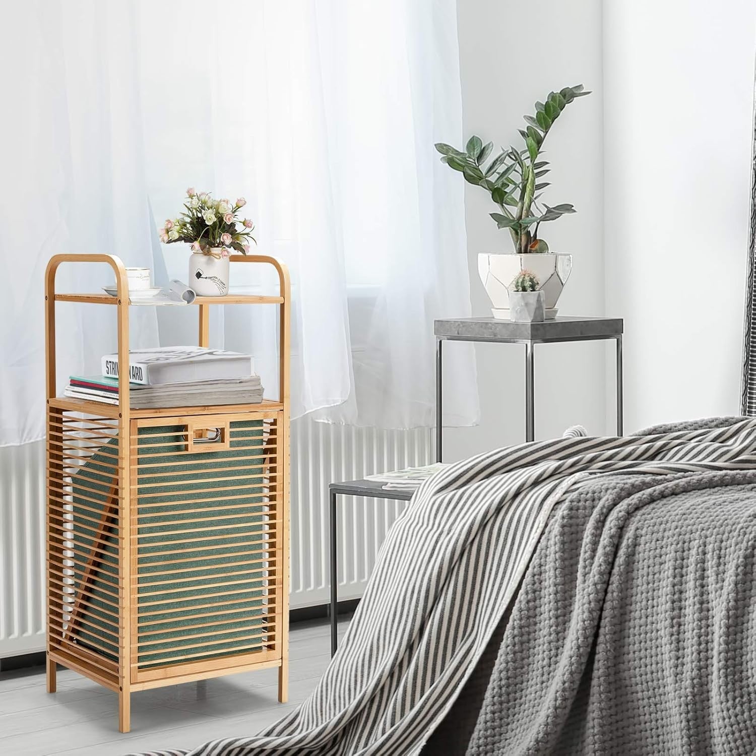 Bamboo 2-Tier Laundry Hamper with Pull-Out Bag & Storage Shelves Bathroom