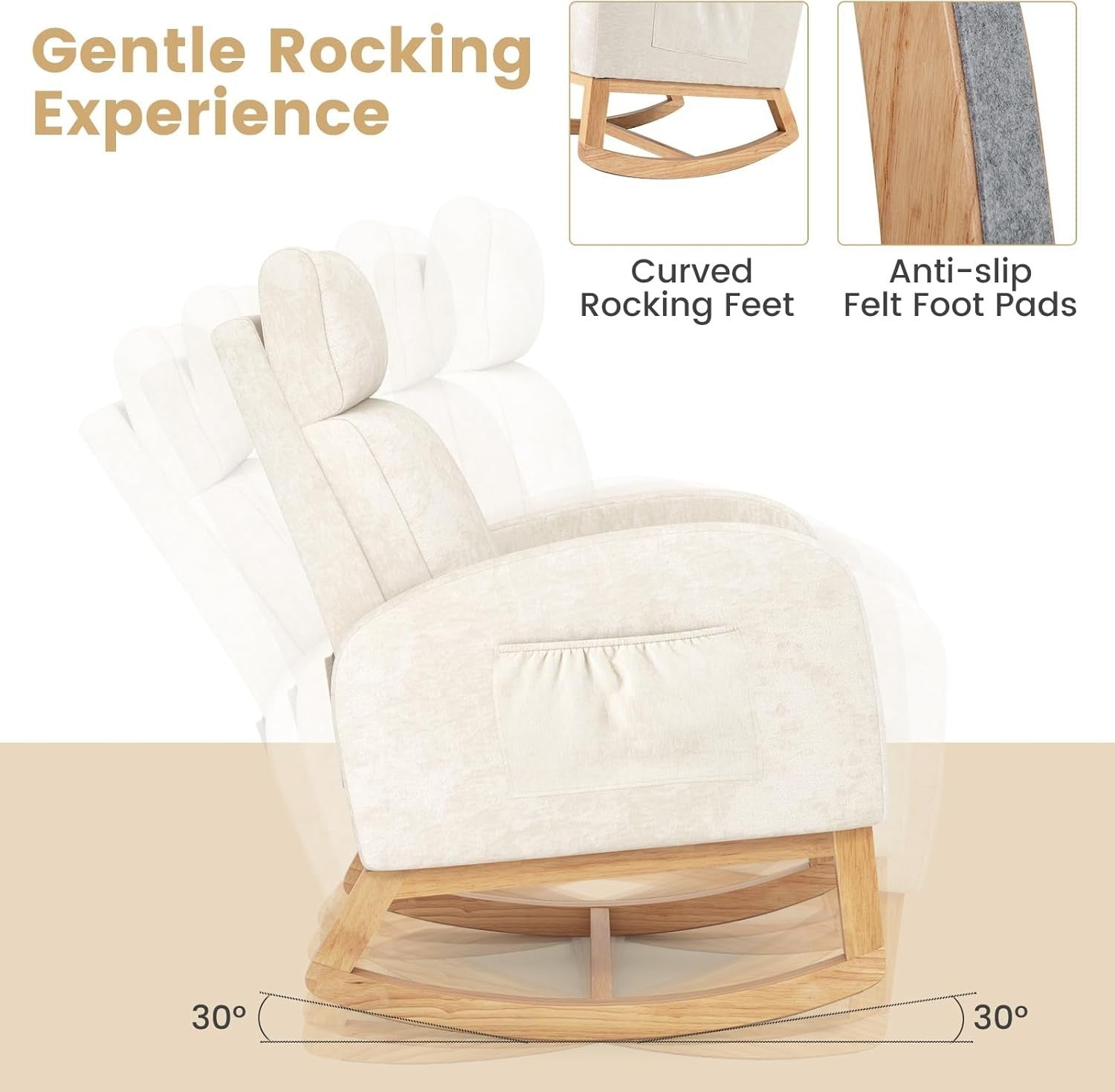 Modern Rocking Armchair w/ Soft Chenille, Side Pocket, Wood Base, 92cm