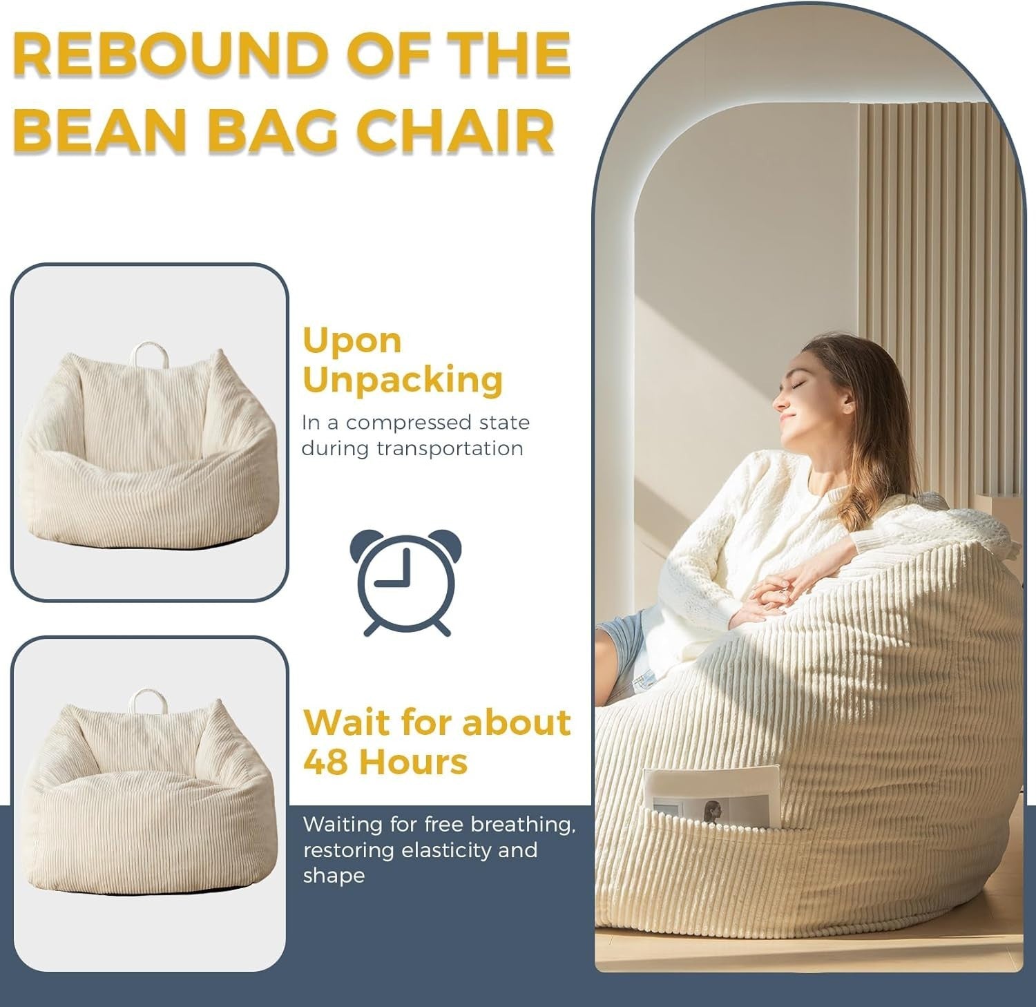 Giant Corduroy Bean Bag Chair with Foam Filling Soft Oversized Lounge Seat