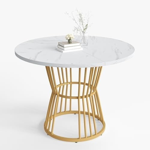 Extendable Folding Dining Table with Storage Drawers Marble White Gold