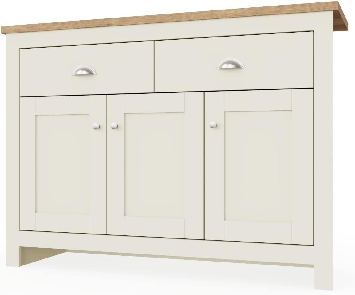 Cream Oak Sideboard 3 Doors 2 Drawers Buffet Storage Cabinet Durable Wood