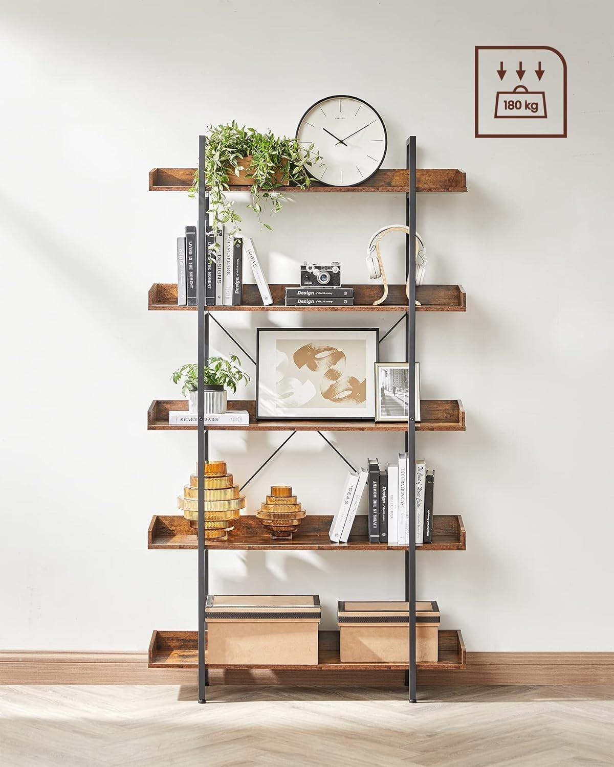 5-Tier Industrial Bookcase Shelving Unit with Tray Shelves, Rustic Brown & Black