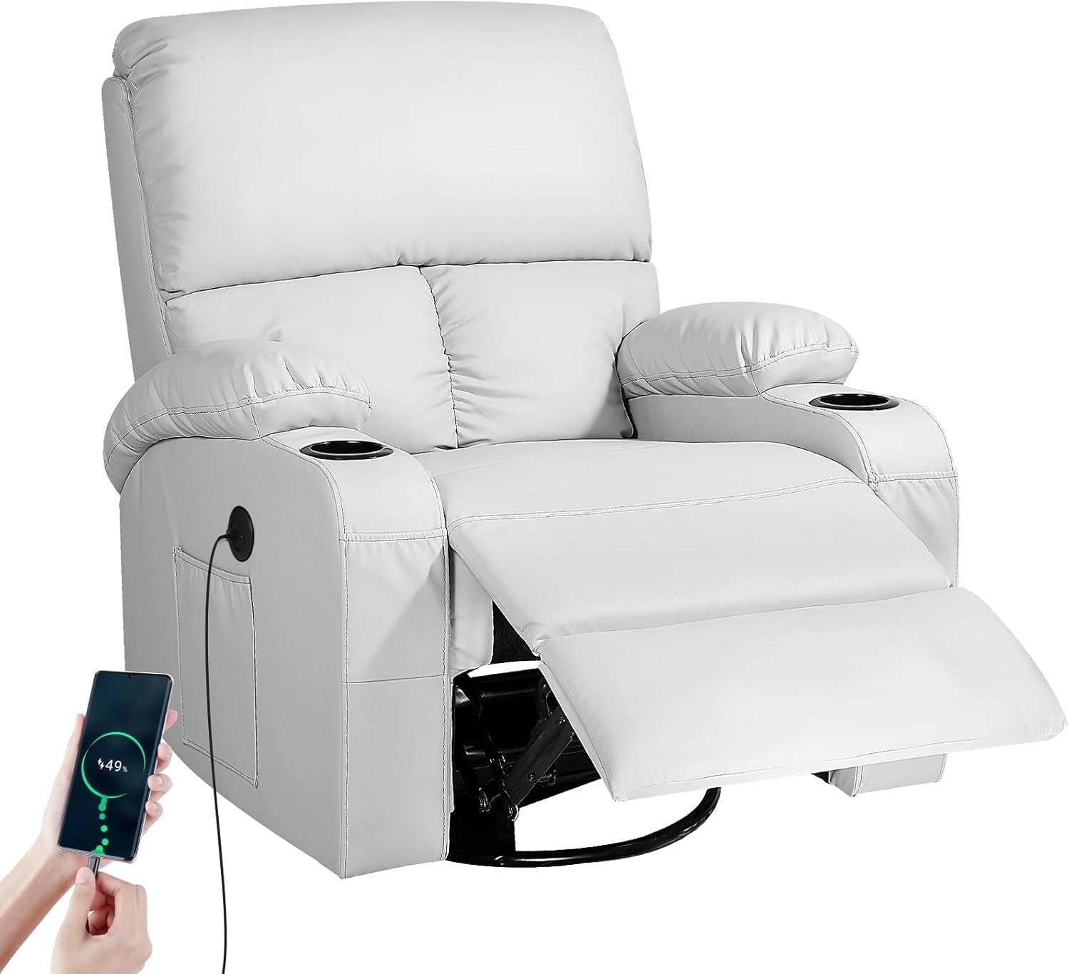 Rocking Recliner Chair Massage 360° Swivel USB Type-C Faux Leather Light Grey