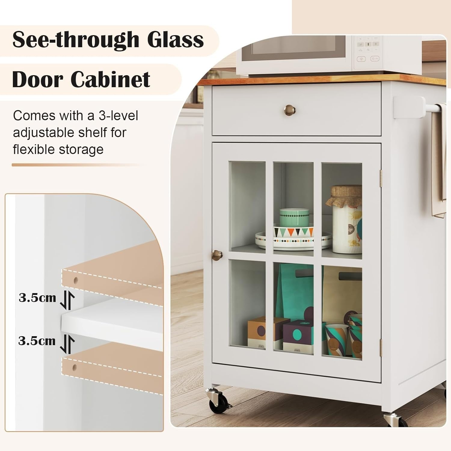 Kitchen Island on Wheels Rubber Wood Top Cabinet