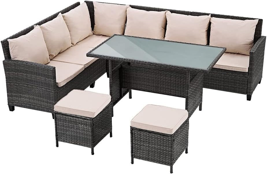 8 Seater Rattan Corner Sofa Set Outdoor Garden Patio Table Stool Set