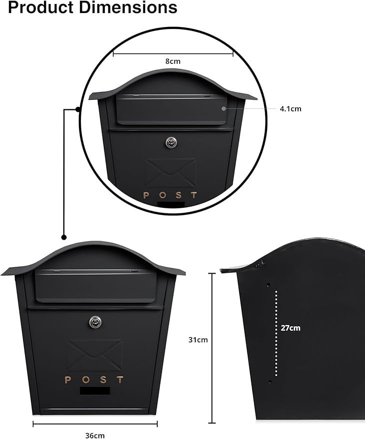 Lockable Wall Mounted Mailbox Black Iron Weatherproof Post Box Large Secure Flap