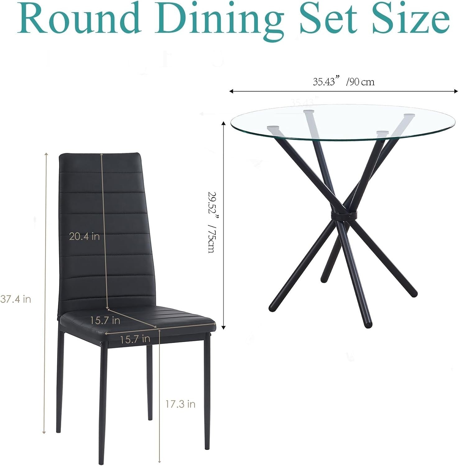 Black Round 5-Piece Glass Dining Table with 4 PU Leather Chairs