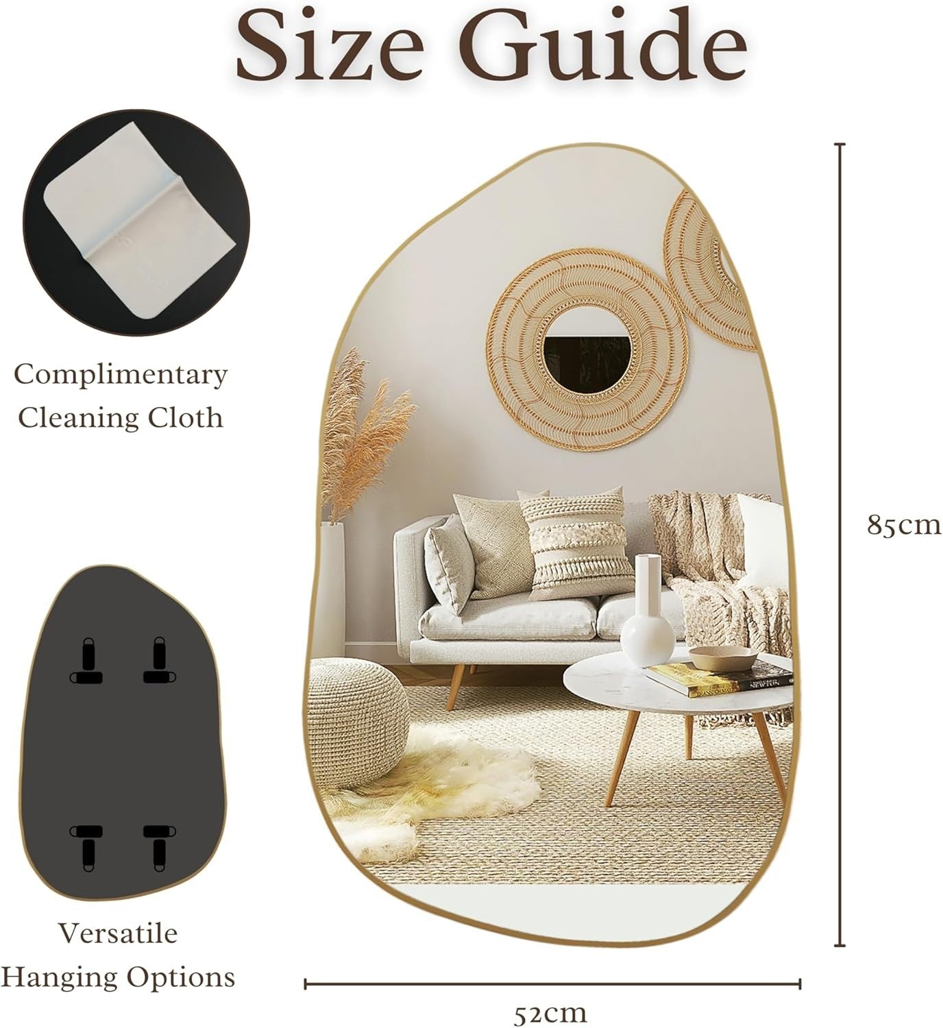 Irregular Wall Mirror 85x52cm Gold Frame, Modern Asymmetrical Design