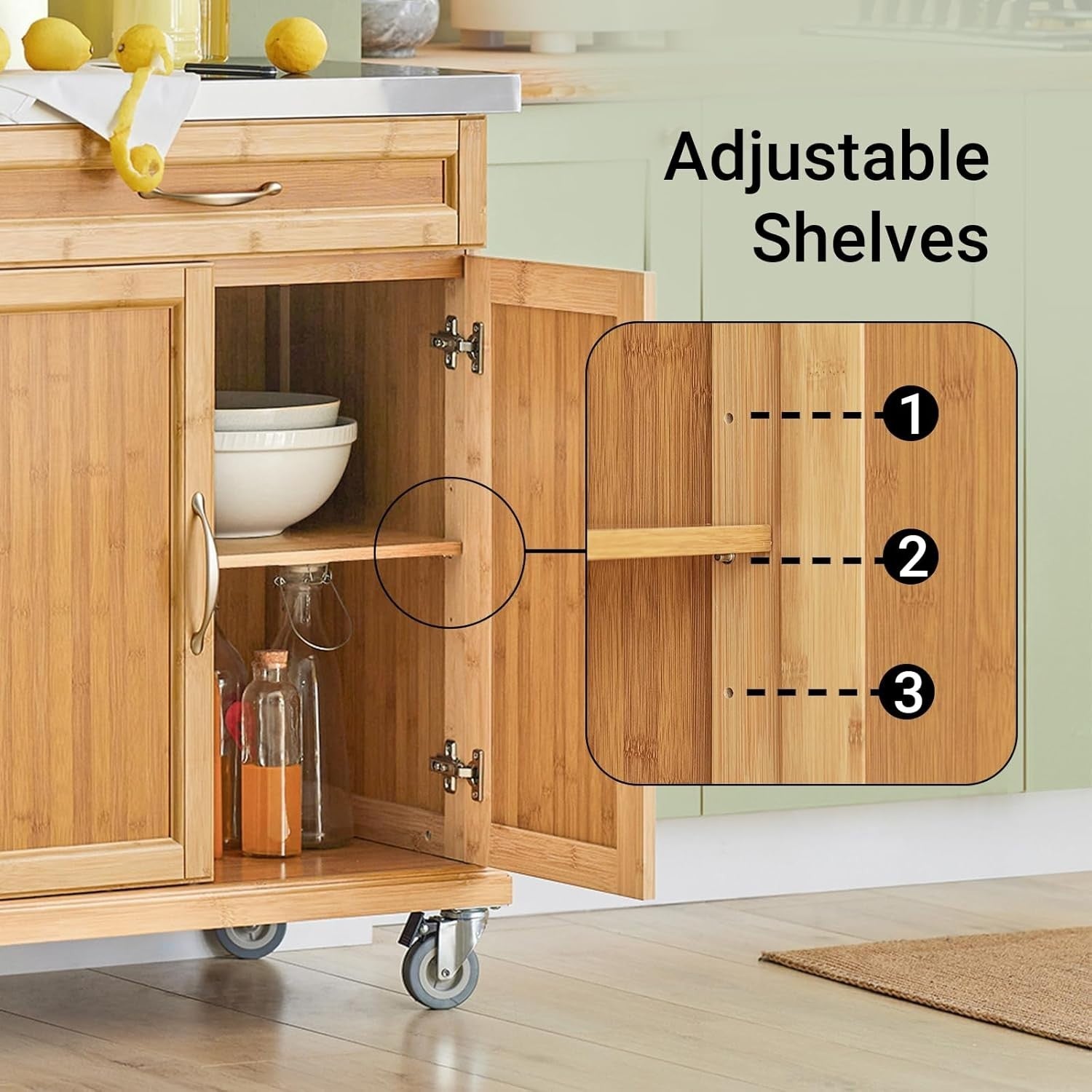 Bamboo Kitchen Trolley Stainless Steel Top Storage Cart