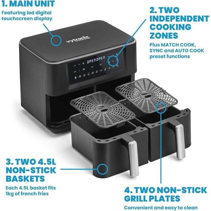 9L Dual Drawer Air Fryer 2400W 11 Presets Touch Sync Cook Oil-Free Family Size