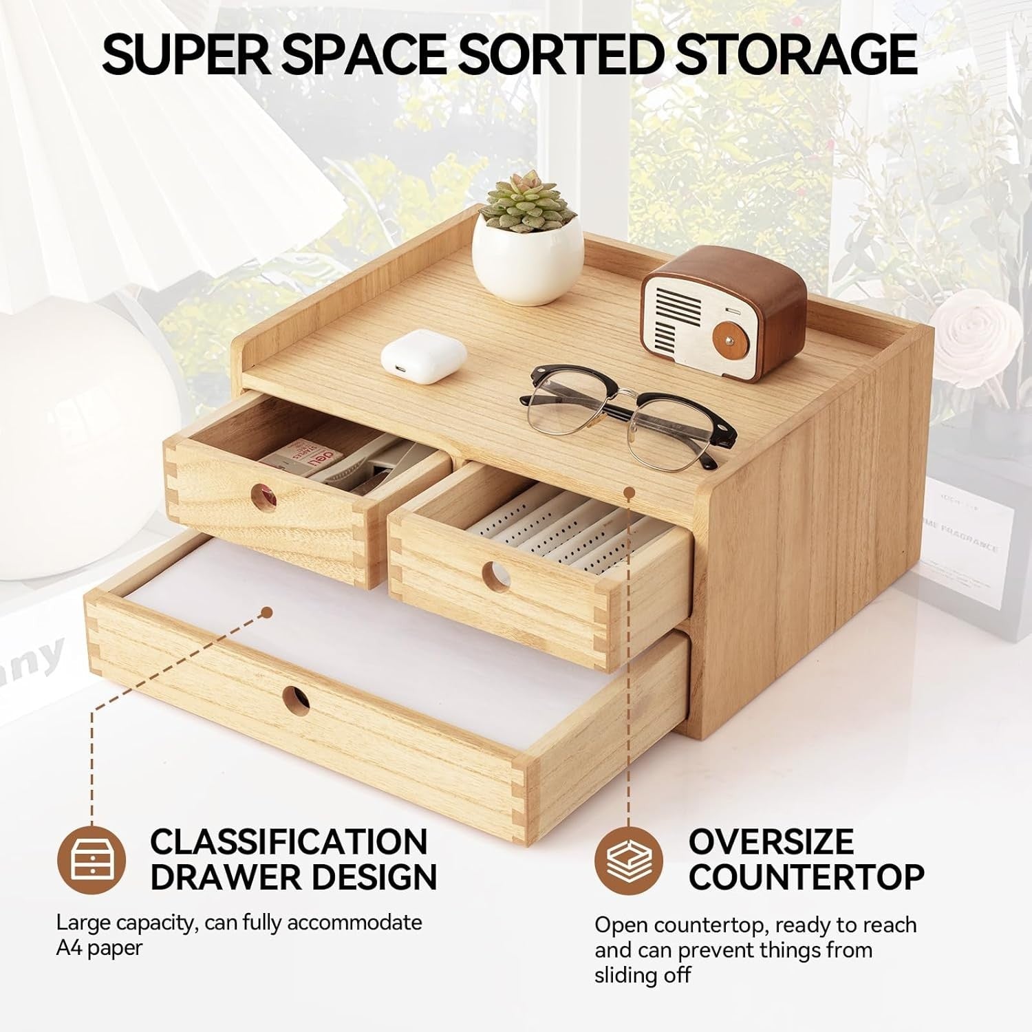 Wood Desktop Organizer with 3 Drawers & 2 Layers – Office & Home Storage