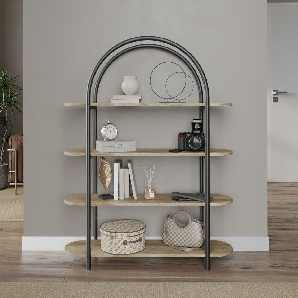 Modern 4-Tier Arched Bookshelf Storage Unit Metal Frame Rustic Oak Shelving