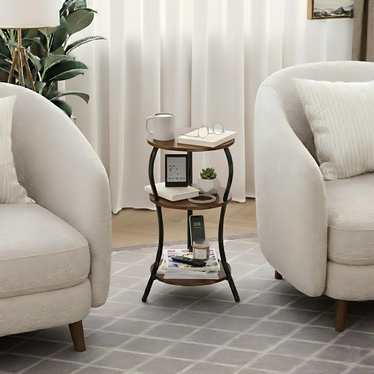 Brown 3-Tier Round Side Table 30x30x55 cm | Slim End Table w/ Storage