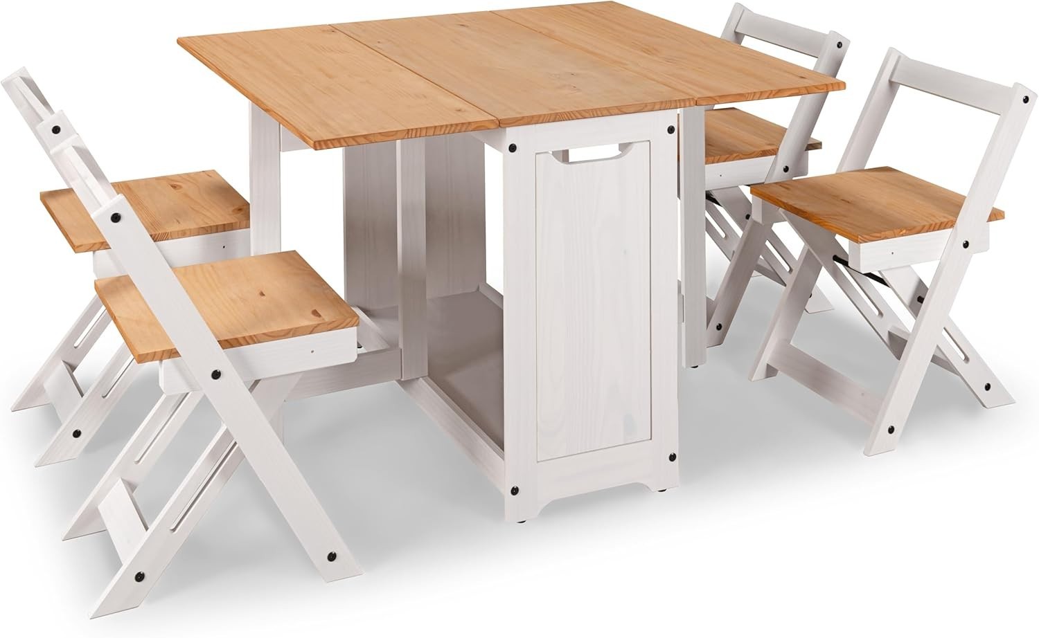 Space-Saving 4 Seat Folding Drop Leaf Dining Set White Pine Table