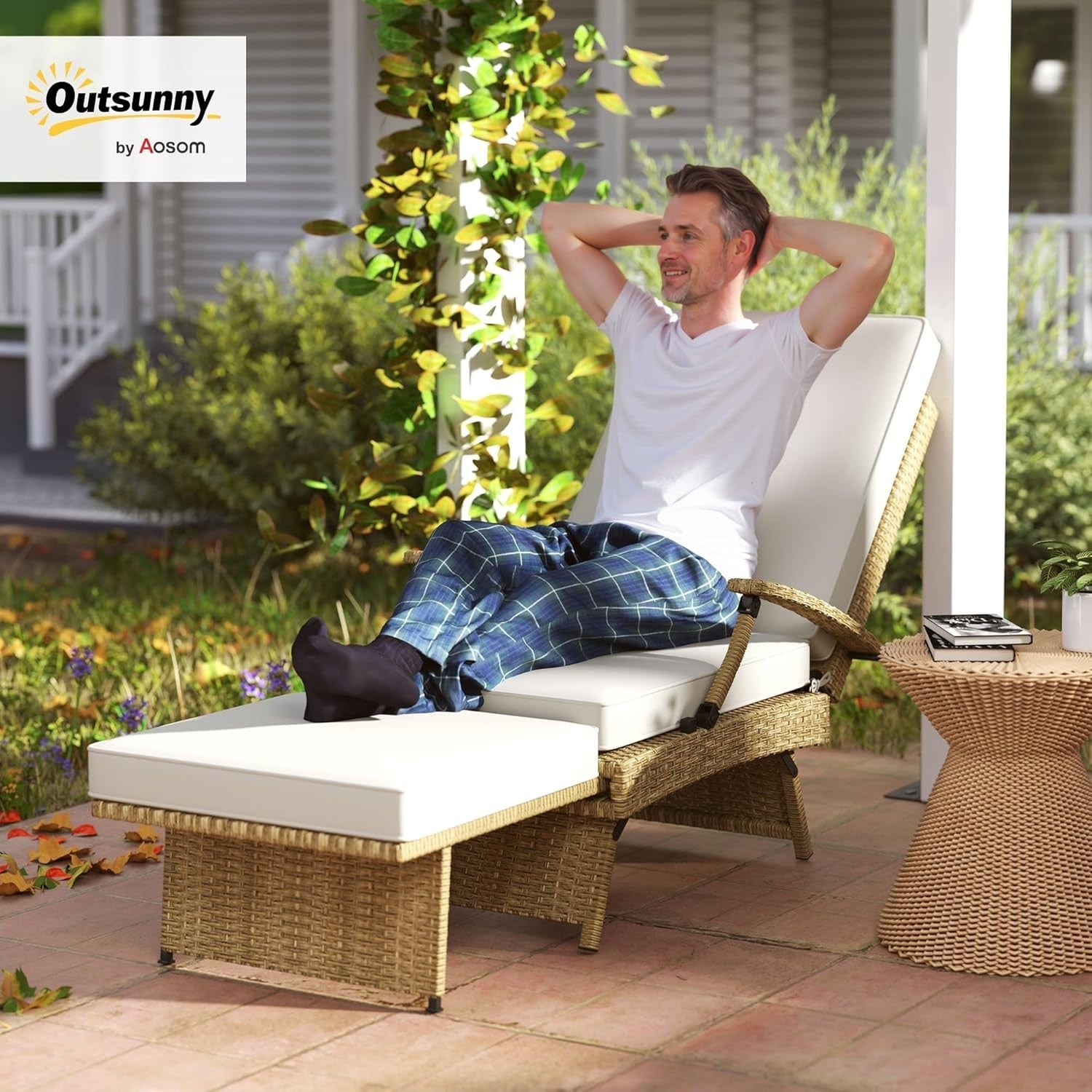 Outdoor Rattan Recliner Chair with Cushion & Footrest Adjustable Garden Lounger