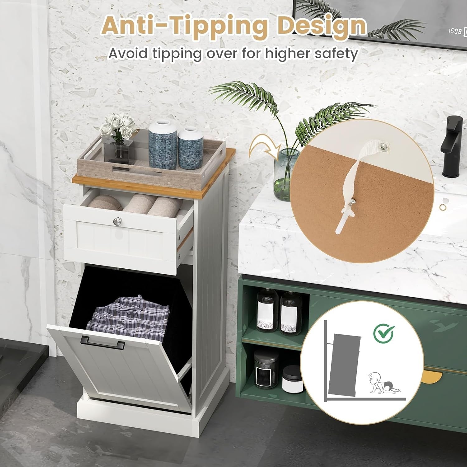 White Tilt-Out Laundry Hamper Cabinet with Drawer 30L Basket Bathroom Unit