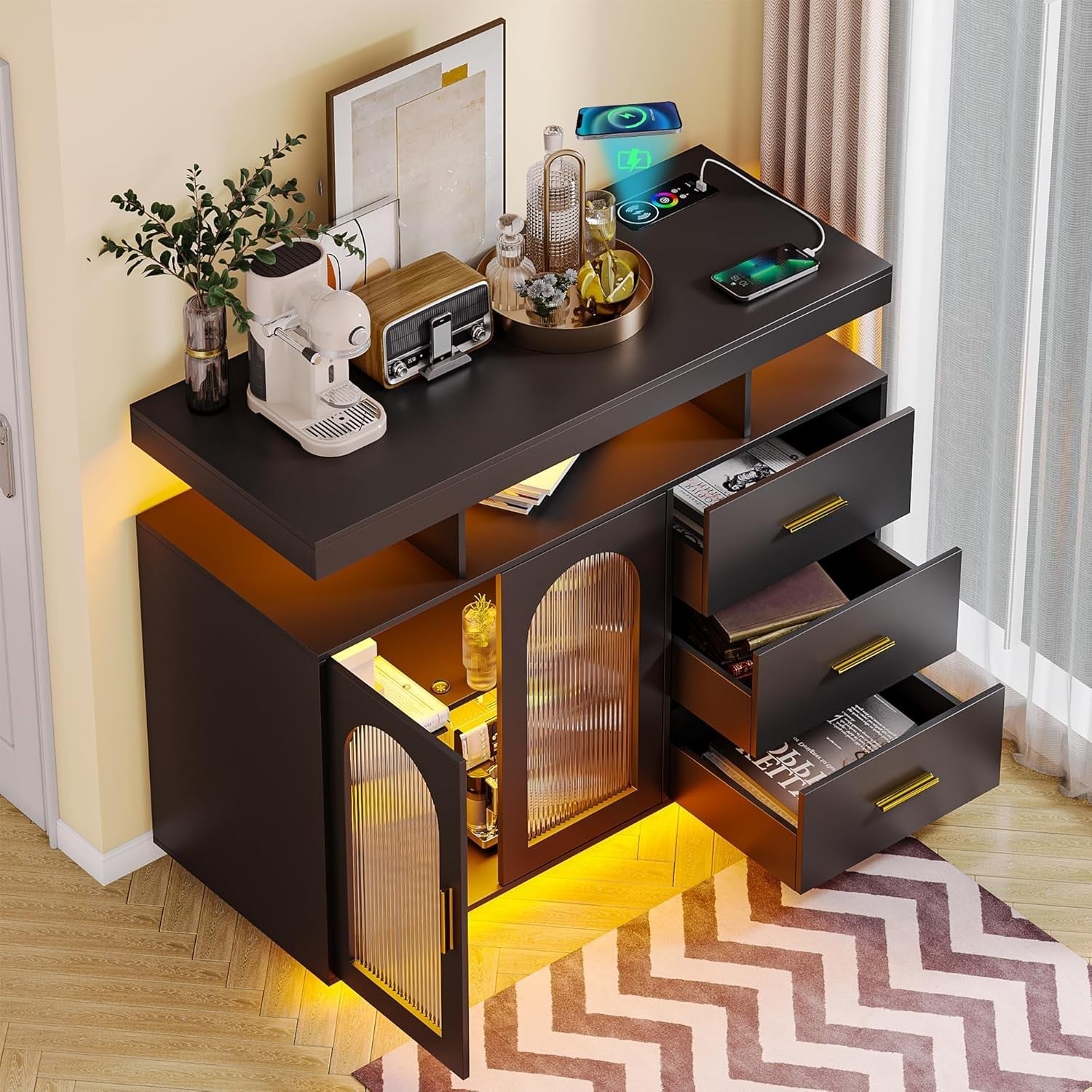 LED Sideboard Buffet with Wireless Charging, RGB Lights & USB Storage