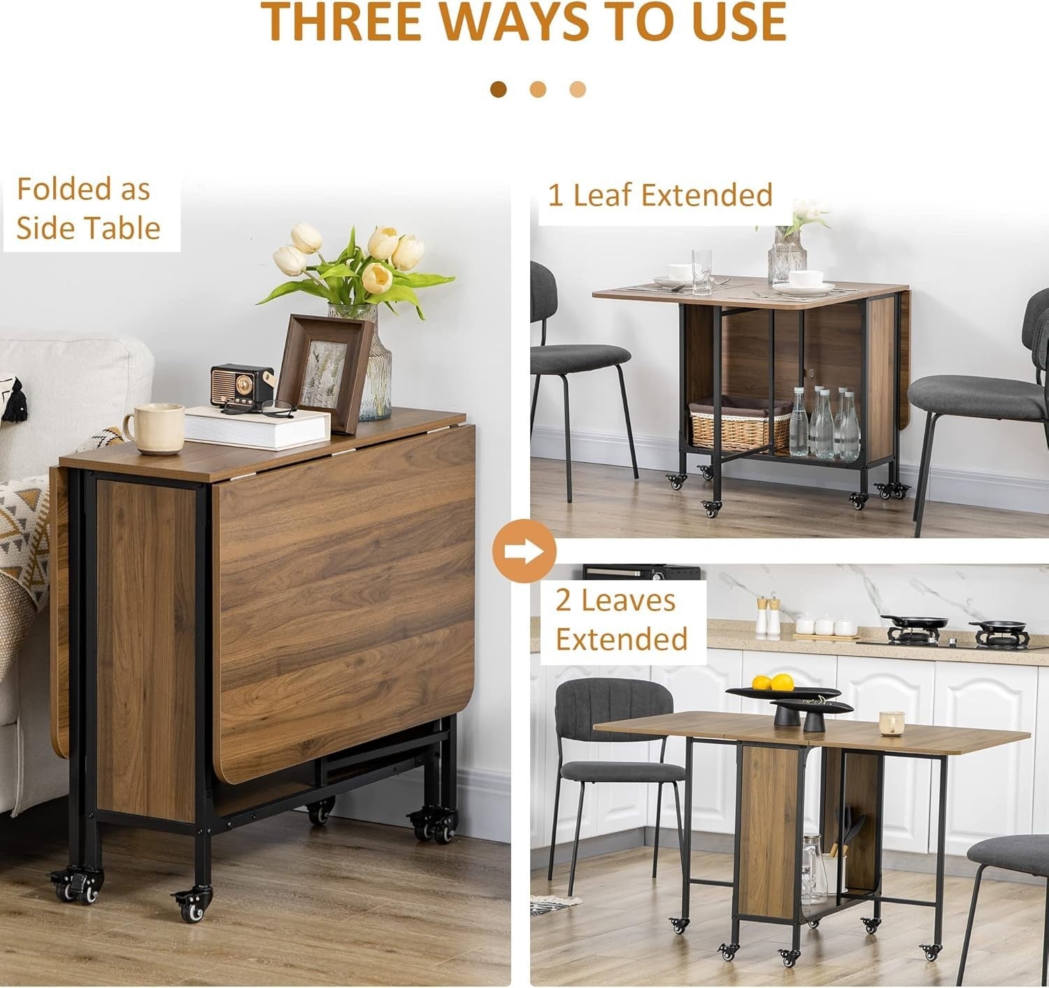 Folding Drop Leaf Dining Table with Wheels Storage Shelf Small Space