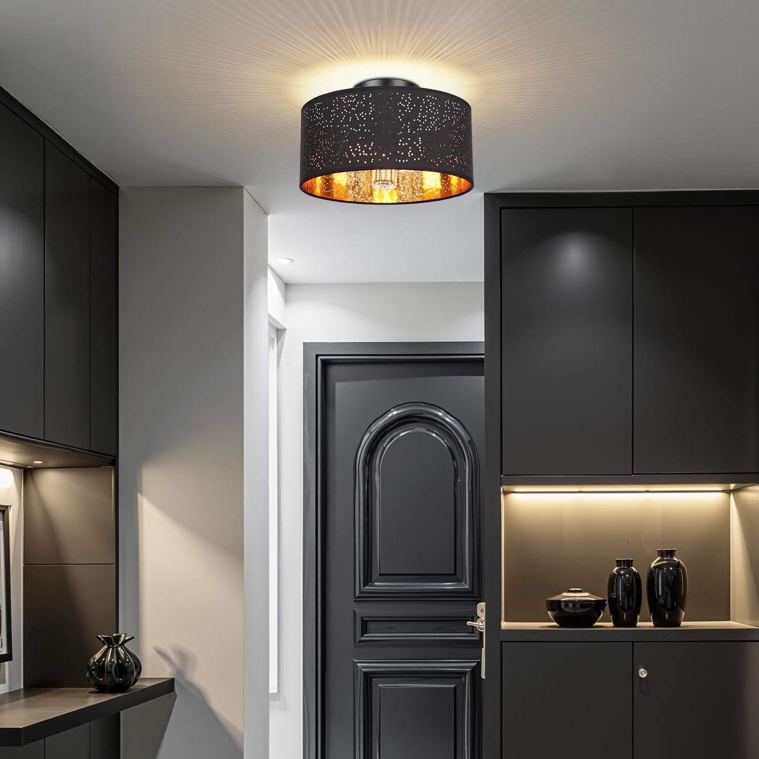 Modern Black Dot Cut Lampshade Gold Interior Ceiling Pendant Light