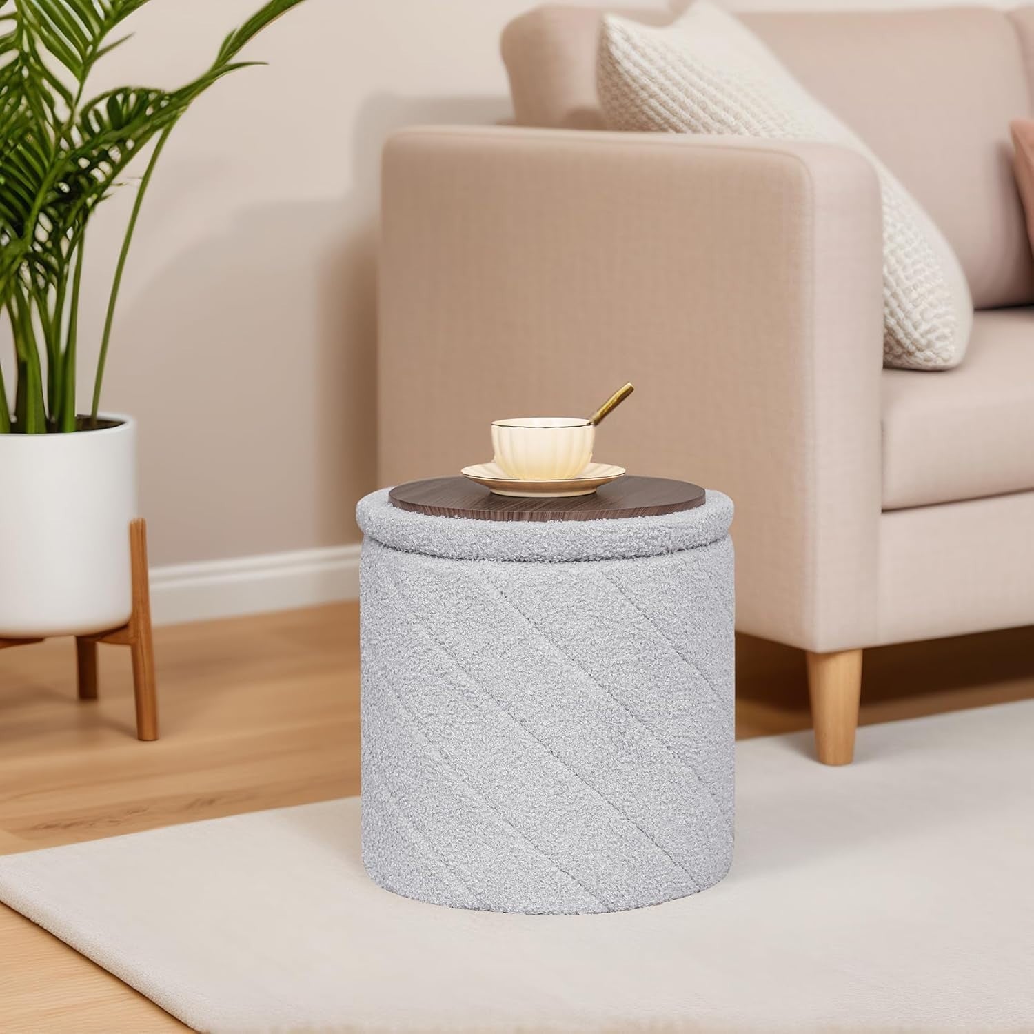Grey Boucle Round Storage Ottoman Stool Folding Footrest Vanity Seat