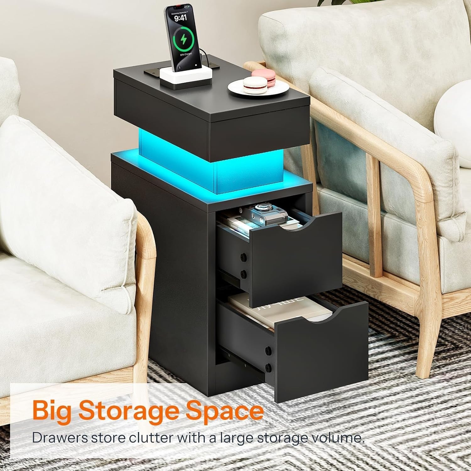 Modern Black LED Bedside Table with Charging Station & 2 Drawers