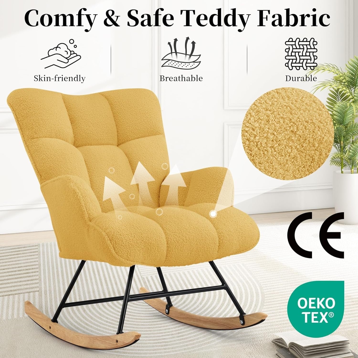 Teddy Rocking Chair Nursery Glider Armchair Adults Kids Room Yellow