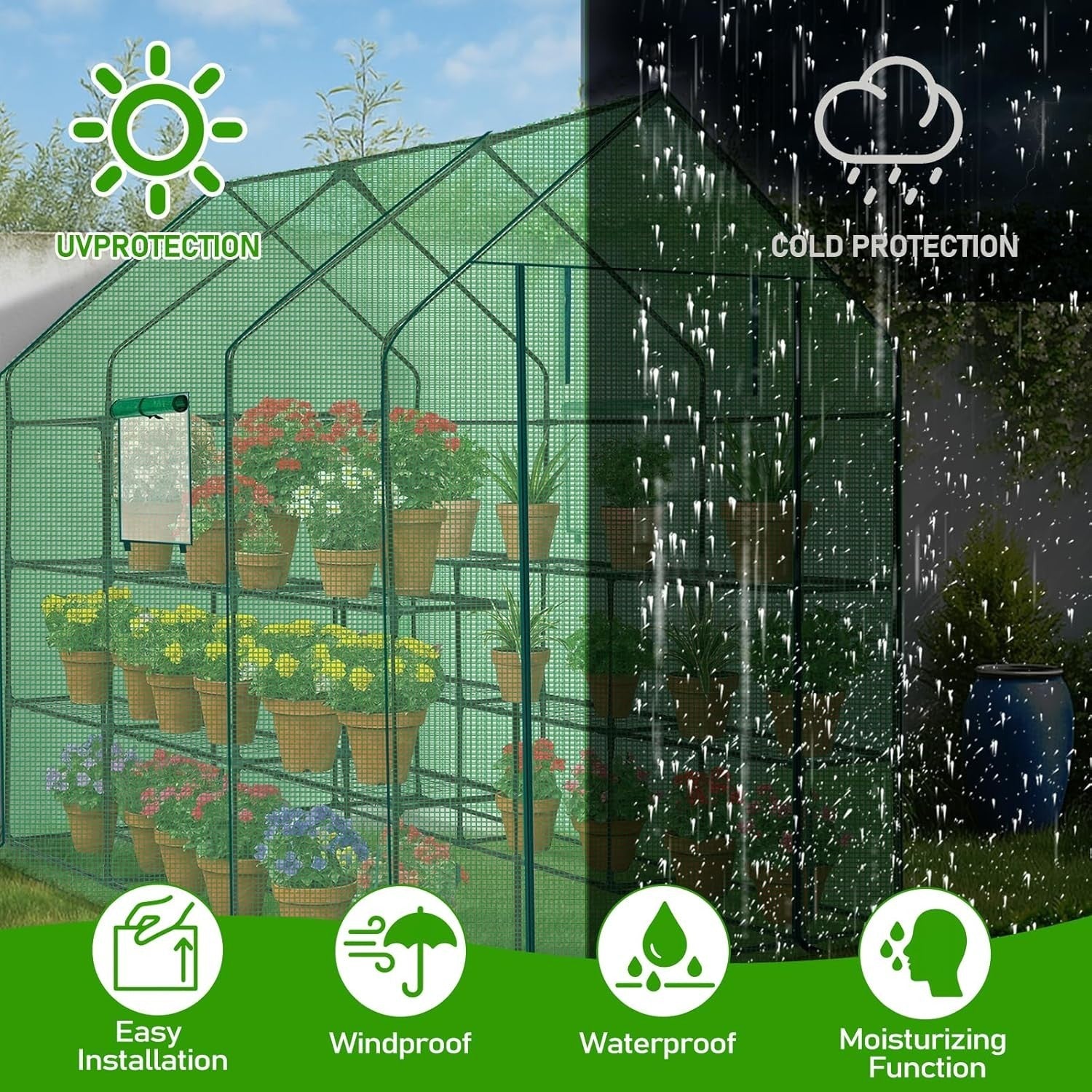 Large Walk-In Greenhouse 3 Tier 12 Shelf PE Cover Steel Frame Outdoor Plant Tent