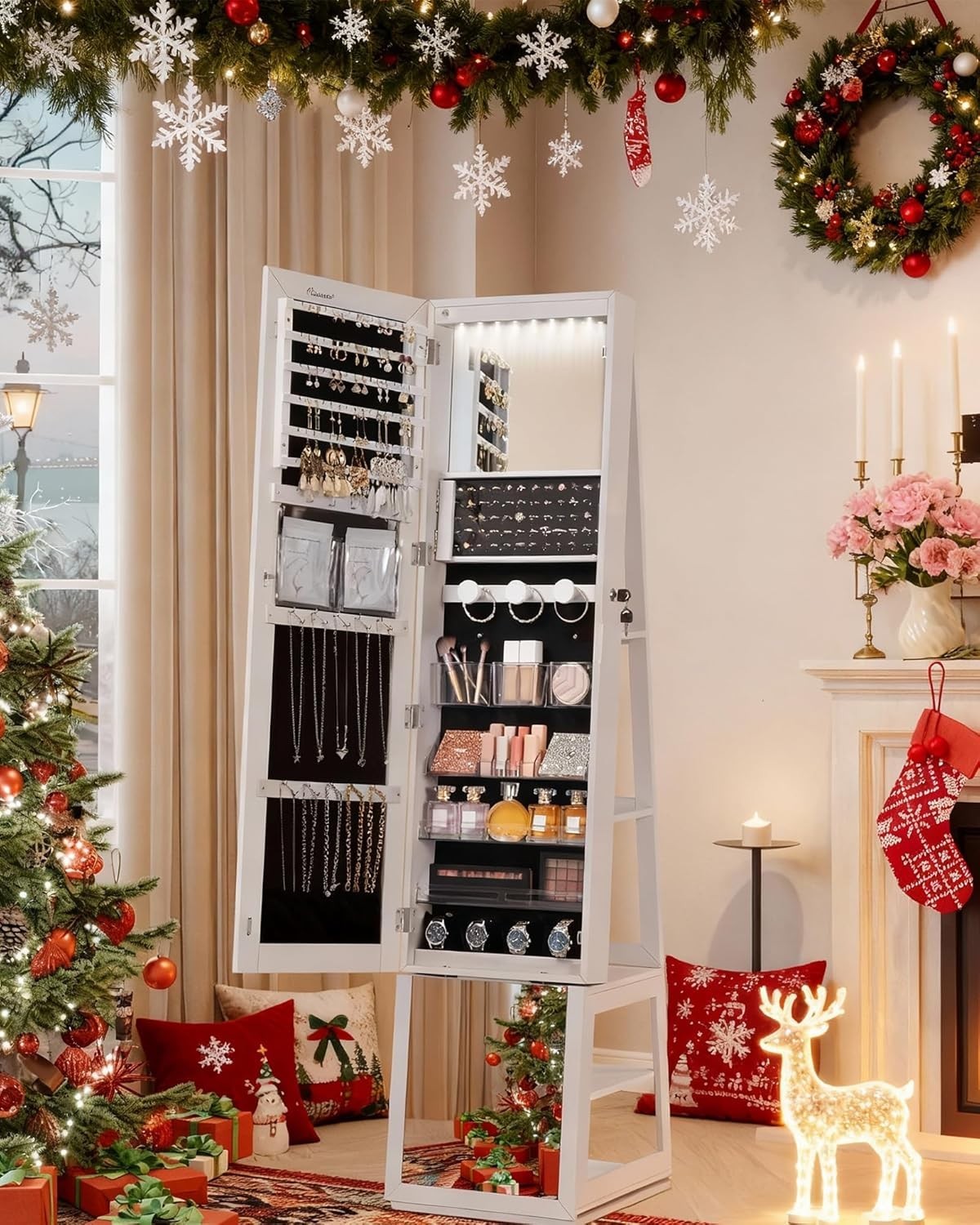 360° Rotating Mirror Jewelry Cabinet Lockable Full Length Storage