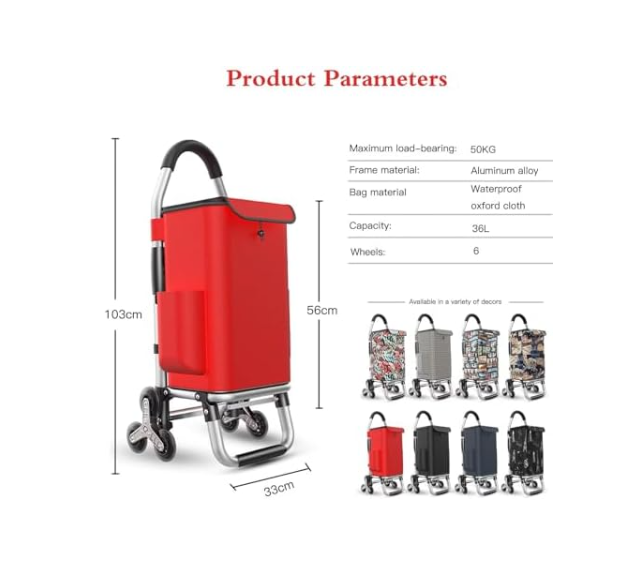 Foldable Stair Climber Shopping Trolley 6-Wheel Waterproof 2-in-1 50kg