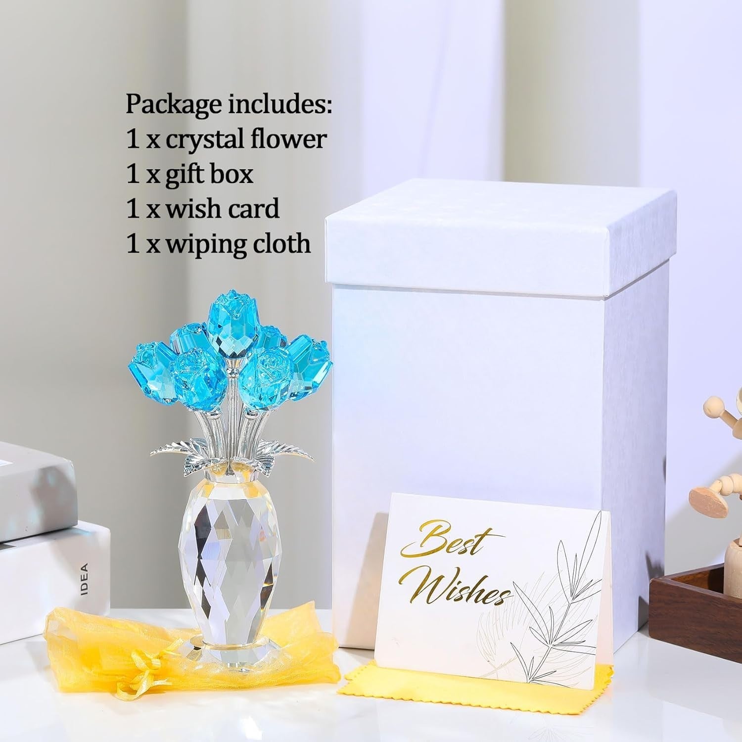 Light Blue Crystal Rose Bouquet Ornament Glass Flower Figurine Gift Decor