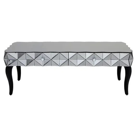 Luxury Mirrored 3D Glass Coffee Table – Silver Top with Black Wood Legs